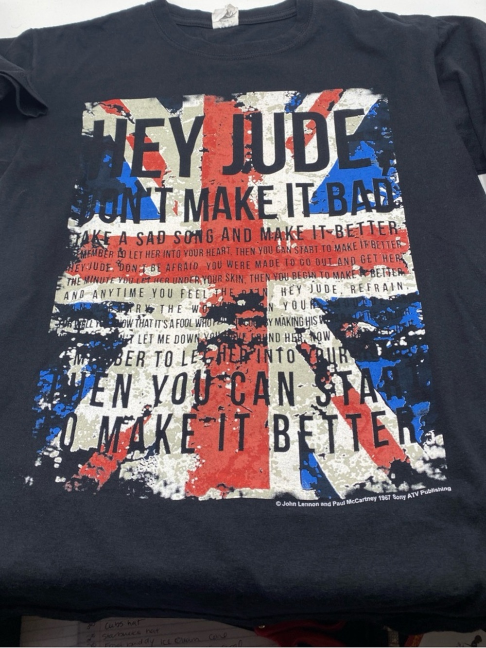 Vintage Beatles Hey Jude Lyrics Shirt UK Flag Black Y2K Medium Lennon McCartney